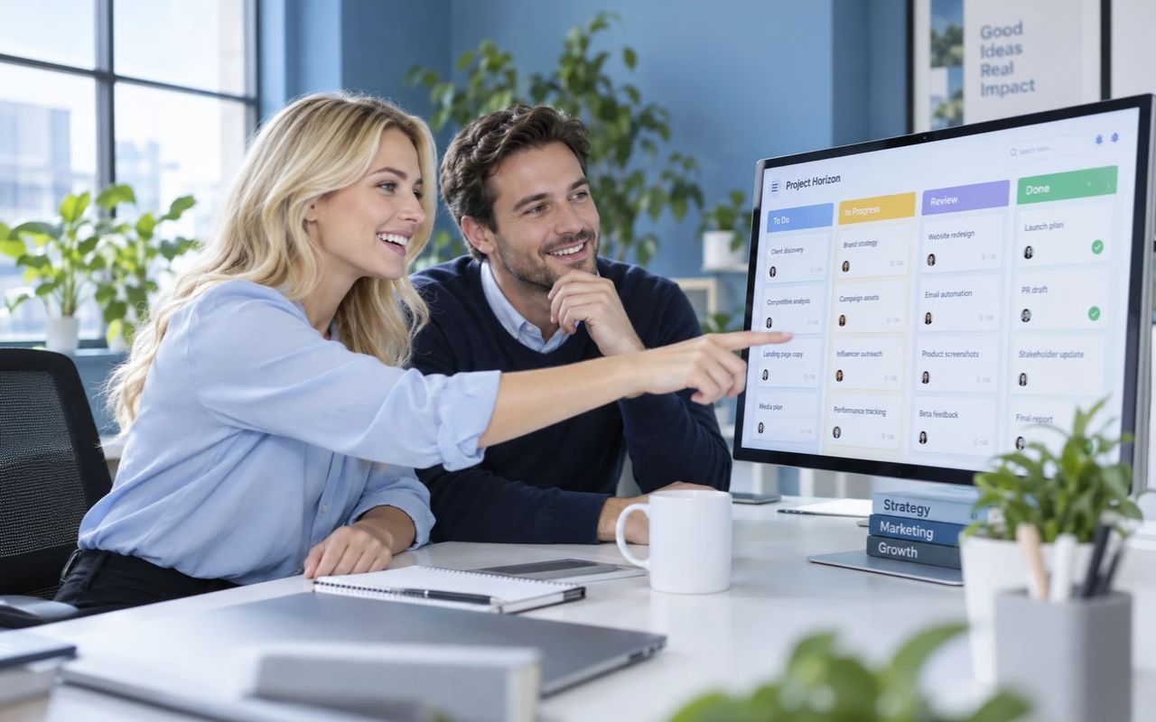 Two client success teammates pointing at a project board on a monitor