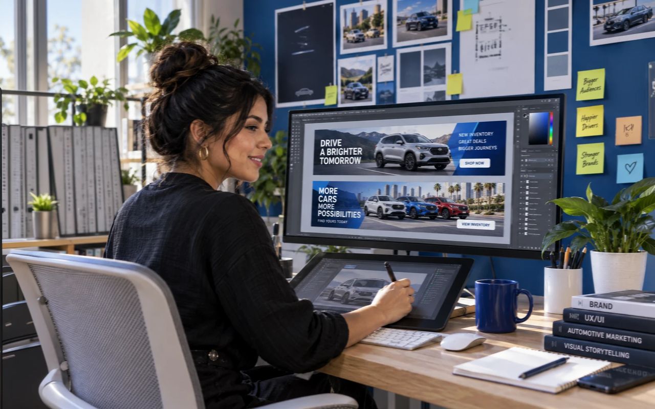 A designer building dealer web banners at a large monitor and drawing tablet