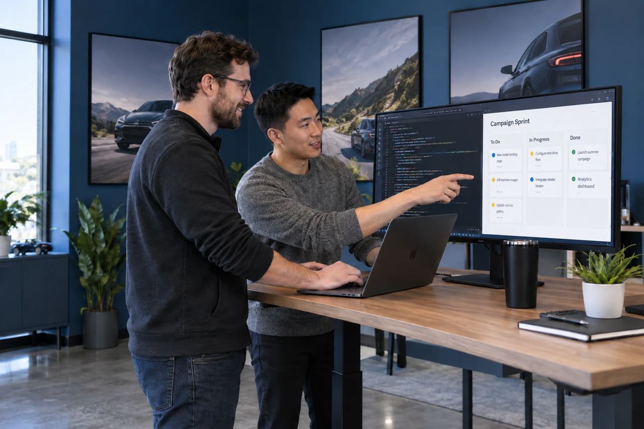 Two developers pairing at a standing desk in front of code and a task board