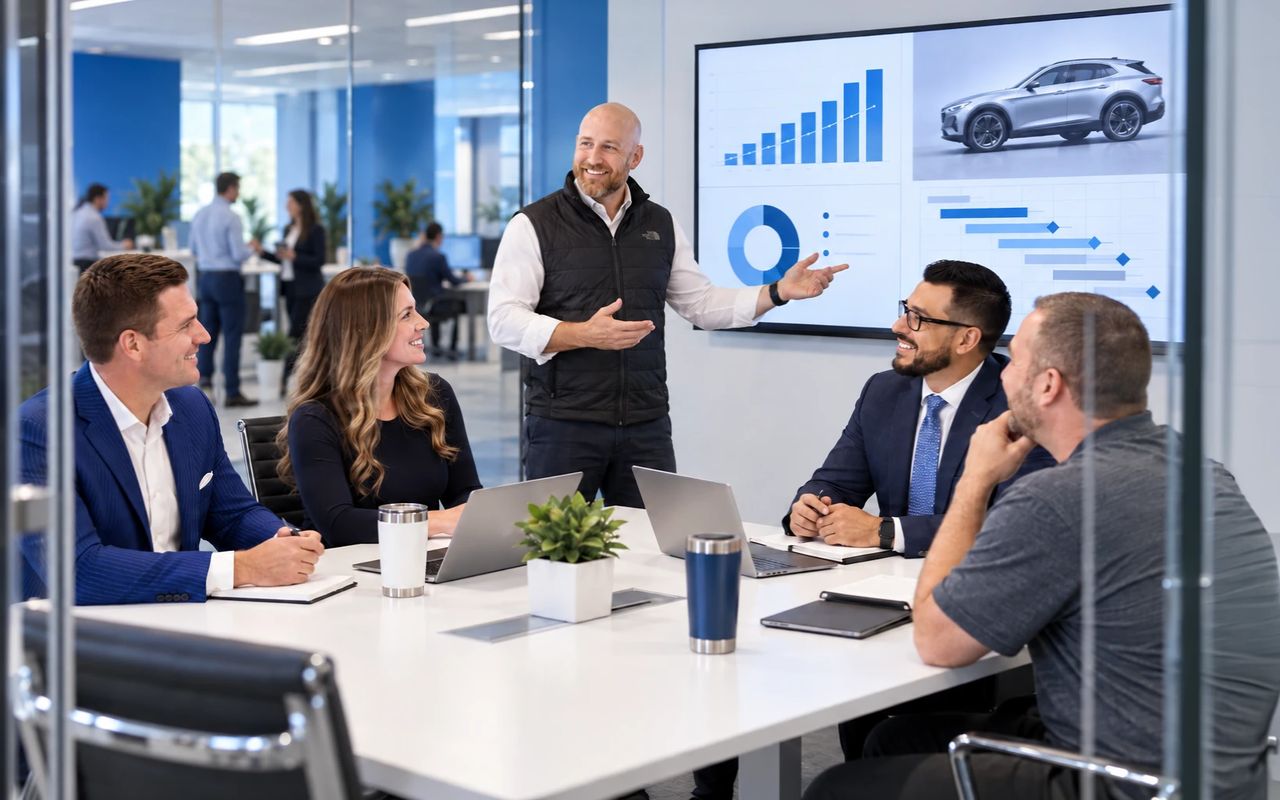 A leadership team meeting around a table while one person presents progress charts